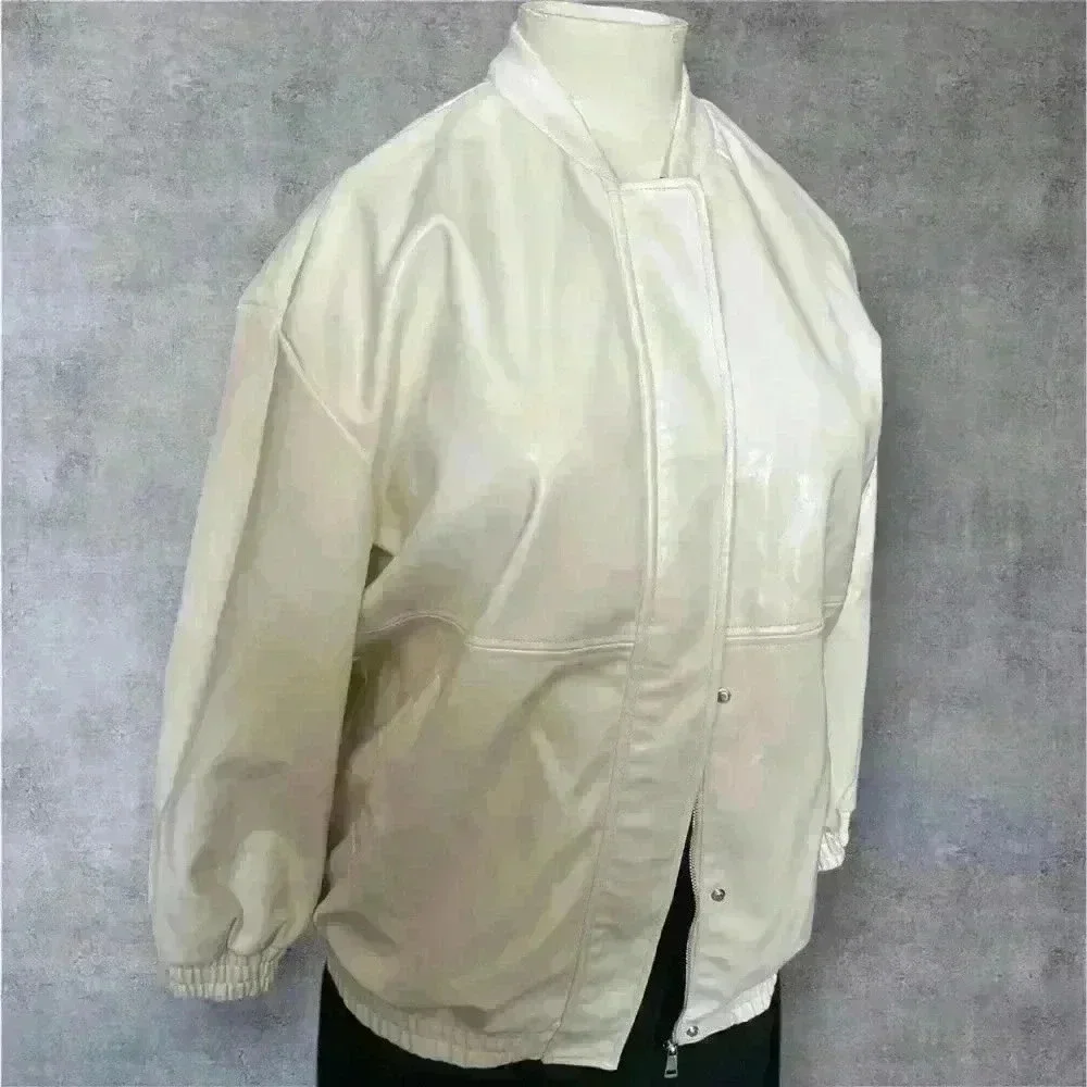 Maeve by Anthropologie ivory women's Oversized Faux Leather Bomber Jacket size L